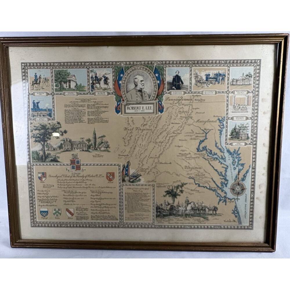 1949 Karl Smith Robert E. Lee Pictorial Map Framed Virginia Civil War Genealogy